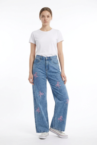 Women's High Waist Pink Bow Printed Wide Leg Jeans