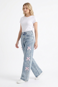 Women's High Waist Bow & Pearl Chain Detail Jeans