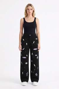 Women's High Waist Graffiti Ripped Wide Leg Jeans
