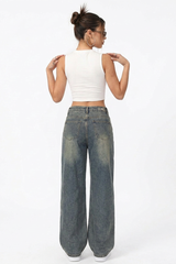 Women's Vintage Washed Mid Waist Loose Wide Leg Jeans