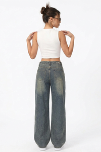 Women's Vintage Washed Mid Waist Loose Wide Leg Jeans