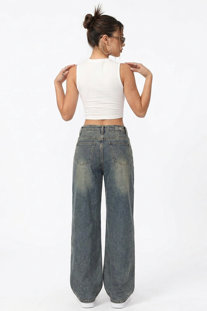 Women's Vintage Washed Mid Waist Loose Wide Leg Jeans