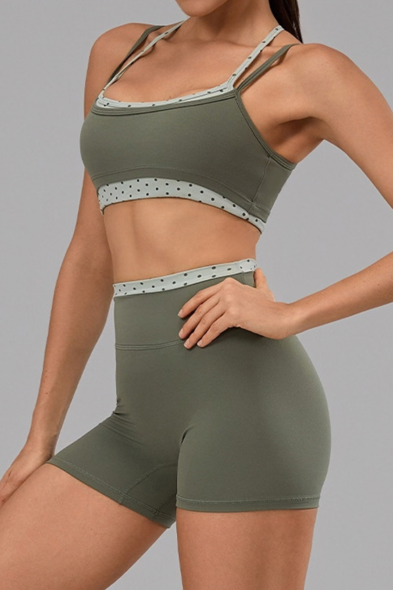 Women's Polka Dot Contrast Bra and Athletic Shorts Yoga Set