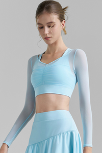 Women's Mesh Fake Two Piece Pleated Long Sleeve Yoga Top