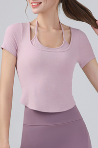 Women's Fake Two Piece Halter Tie Cropped Sports T-shirt