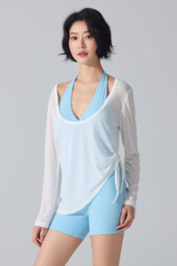 Women's Wide U-Neck Side Drawstring Sheer Long Sleeve Yoga Cover-Up