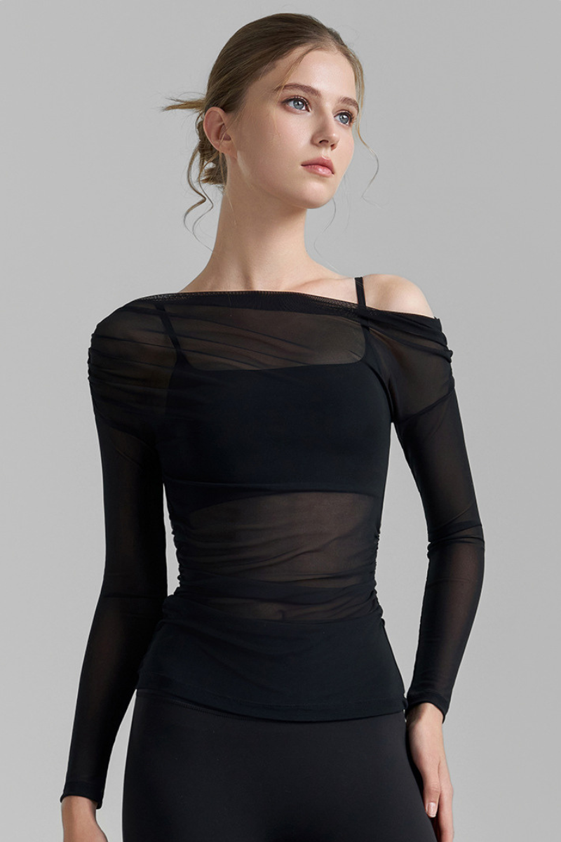 Women's Retro Asymmetric Ruched Mesh Top And Bra Sets