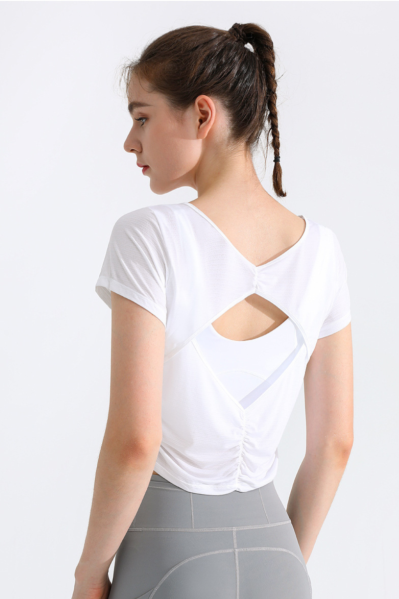 Women's Sport Cropped Short Sleeve Yoga Top with Back Cutout