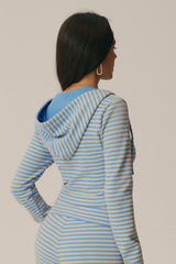 Women's Striped Drawstring Hooded Zip Crop Jacket