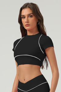 Women's  Color-Block Piping Cropped Mock Neck Sports Top