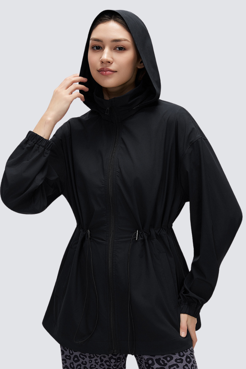 Women's Packable Drawstring Hooded Mid Length Jacket
