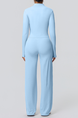 Women's Set:Collared Zippered Jacket And Wide Leg Pants