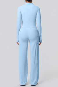 Women's Set:Collared Zippered Jacket And Wide Leg Pants