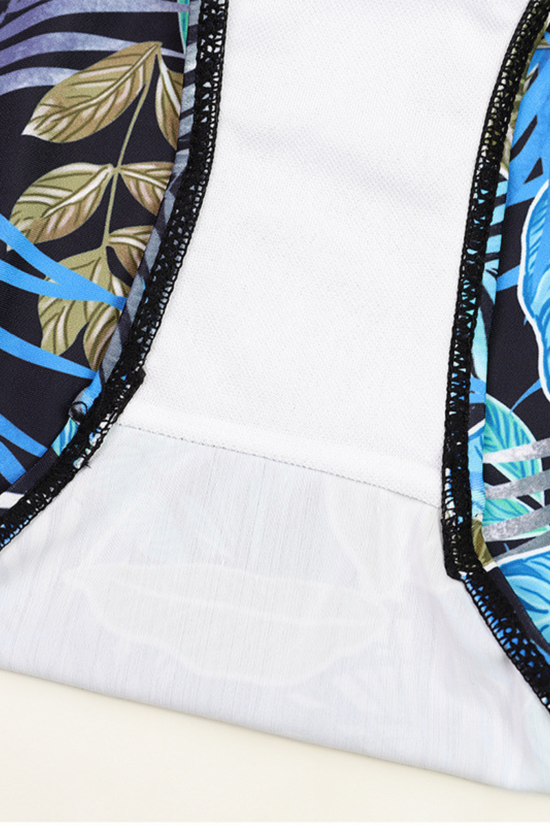 Women's One Piece Suit - Wide Strap U-Neck Leaf Print Plus