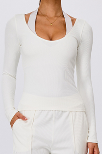 Women's Winter V Neck Ribbed Slim Fit Long Sleeve Top