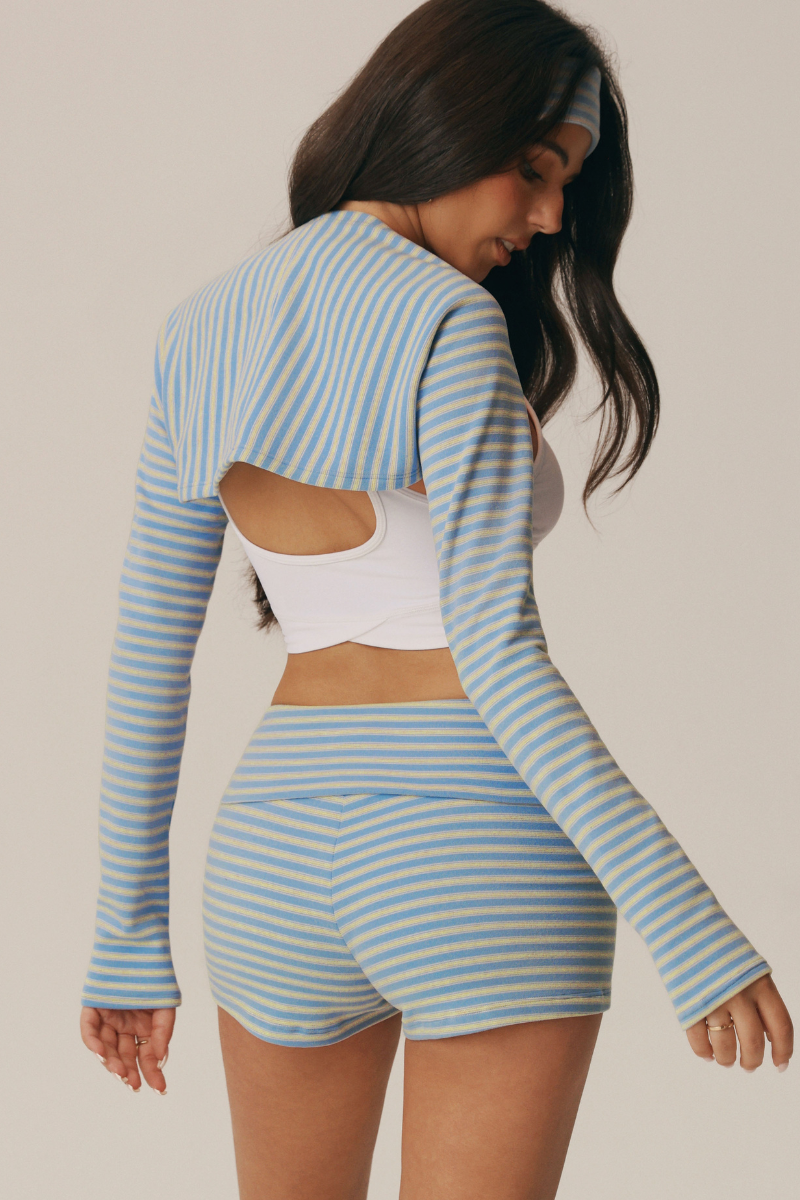 Women's Striped Long Sleeve Shrug & High Waist Shorts Set