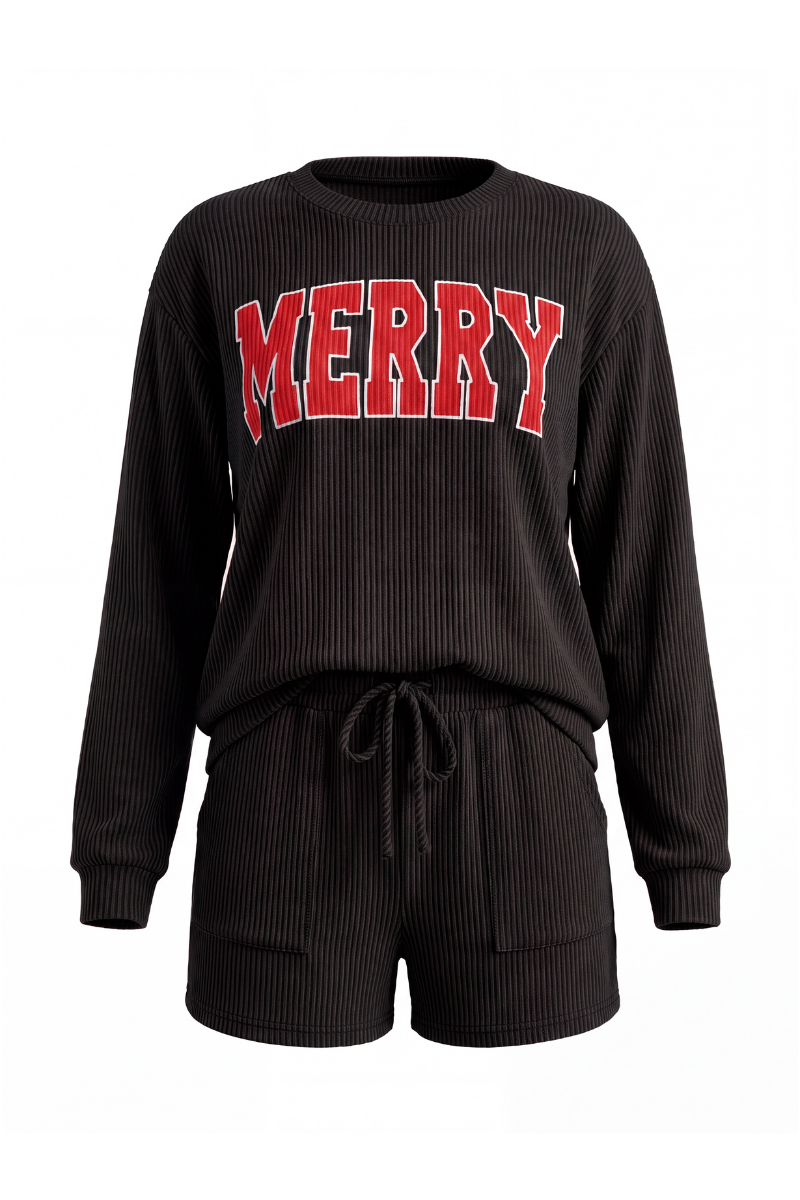 Women's Christmas Sets: MERRY Letter Pullover And Shorts