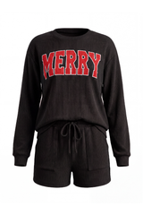 Women's Christmas Sets: MERRY Letter Pullover And Shorts