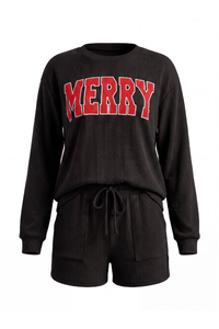 Women's Christmas Sets: MERRY Letter Pullover And Shorts