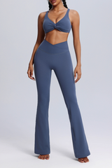 Women's Twisted Sports Bra & Cross-Waist Flare Pants Set