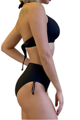 Women's Halter Deep V High Waist Back Tie Bikini Set - Solid