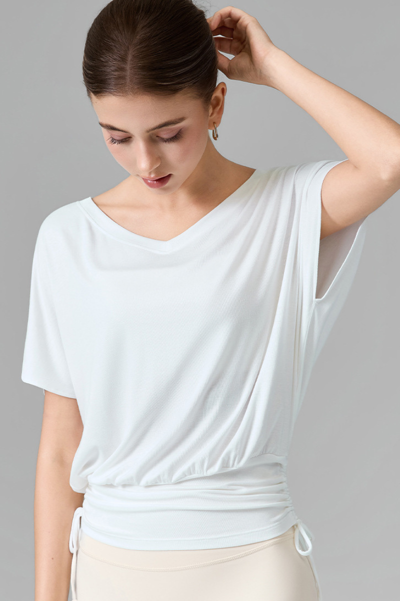 Women's V Neck Batwing Sleeve Side Drawstring Loose Fit Top