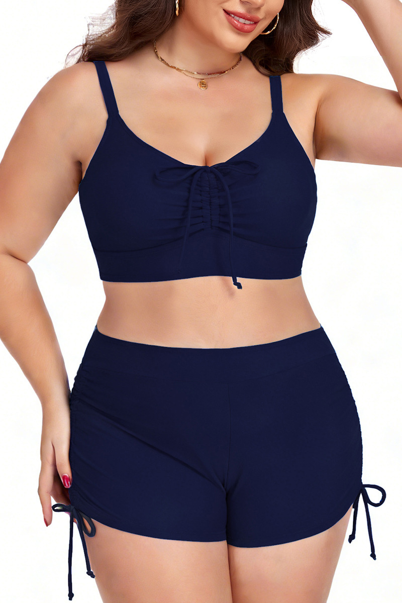 Plus Size Women's Pleated Drawstring Solid Bikini