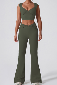 Women's V-Neck Tank Top & Twist Waist Flared Pants Yoga Set
