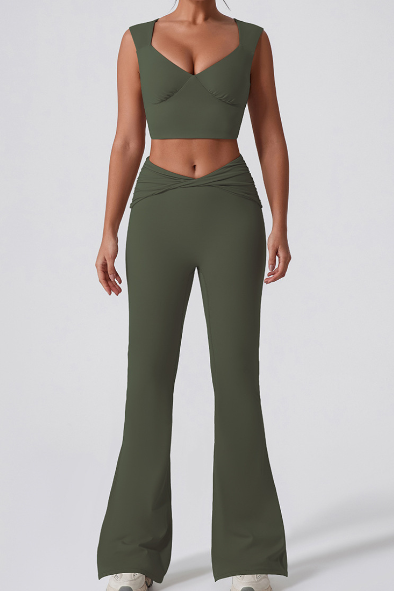 Women's V-Neck Tank Top & Twist Waist Flared Pants Yoga Set