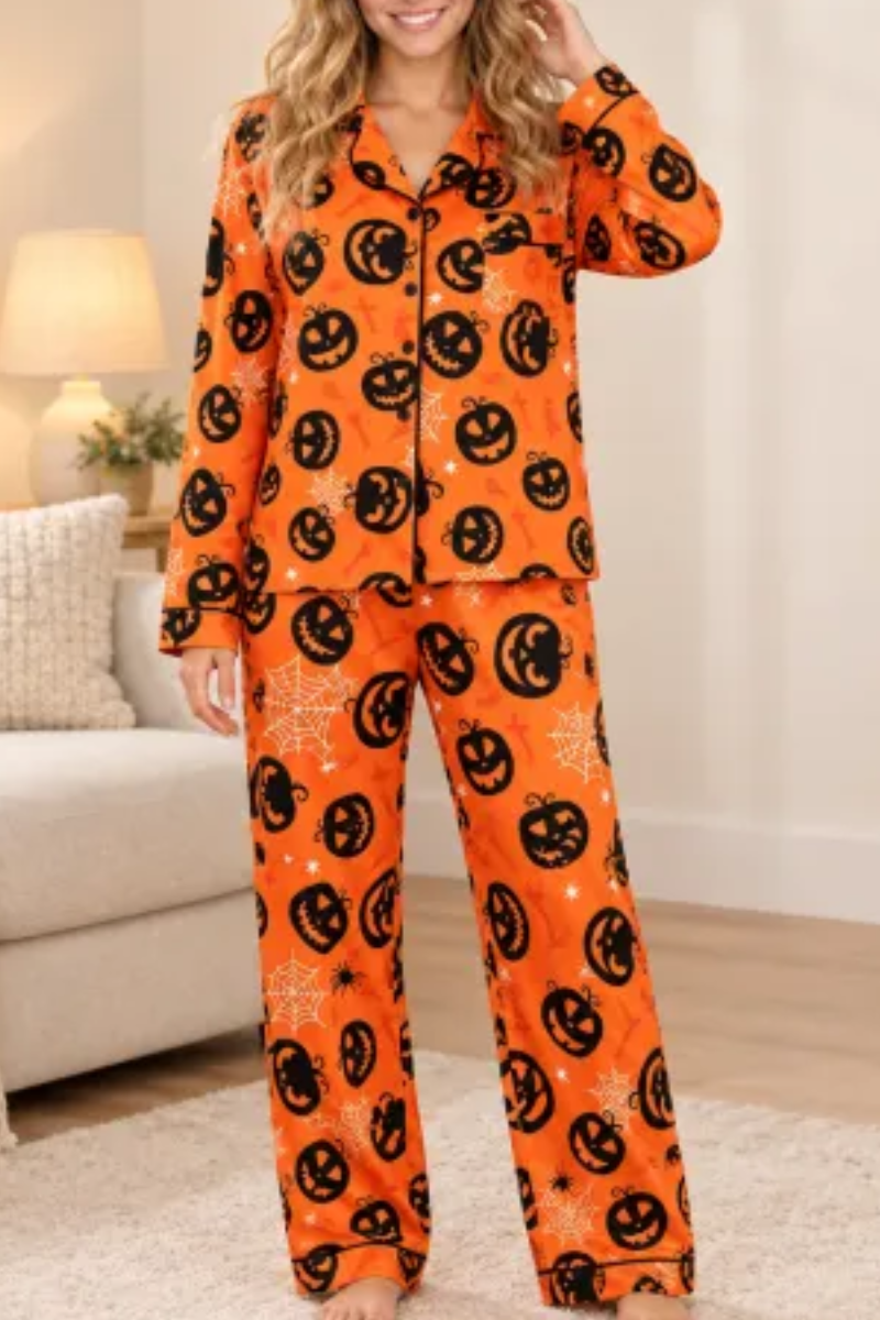 Women's Fall Halloween Pumpkin Spider Web Print Pajama Set