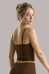 Women's Lace V-Neck Thin Strap Crop Pilates Top with Lace
