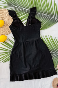 Women's V-Neck Ruffle Solid Cinched Waist Slimming Swimsuit