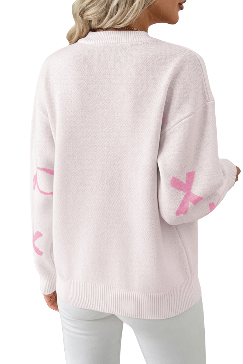 Women's bow-print knitted casual sweater.