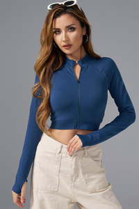 Women's Athletic Finger Cuffs Stand Collar Cropped Jacket