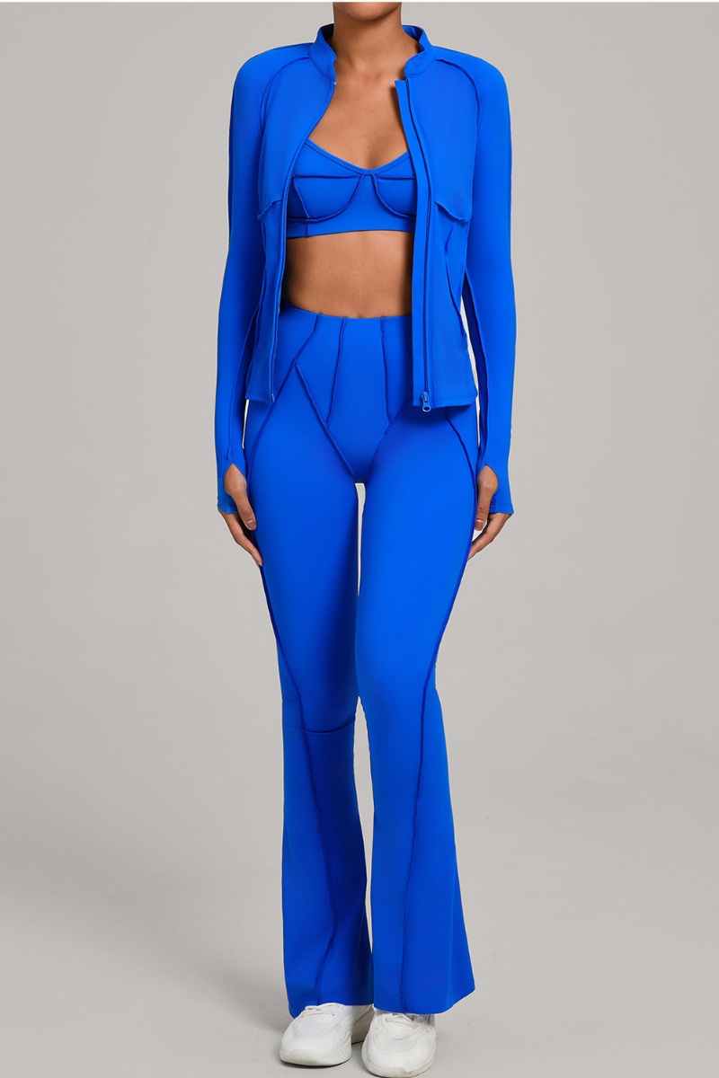 Versatile zipper-fastened matte-finish yoga three-piece set