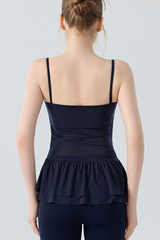Women's Double Ruffle Hem Mesh Ruched Waist Yoga Cami