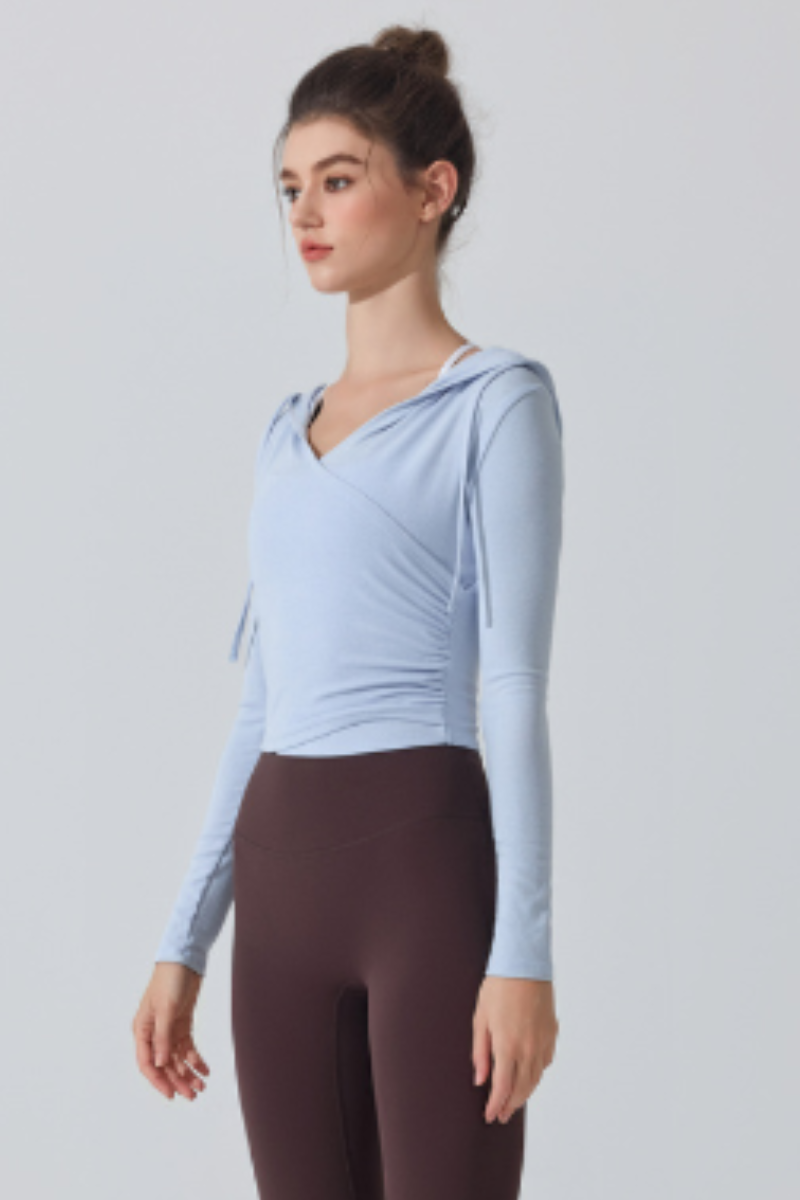 Women's V‑Neck Ruched Cropped Slim Fit Athletic Hoodie