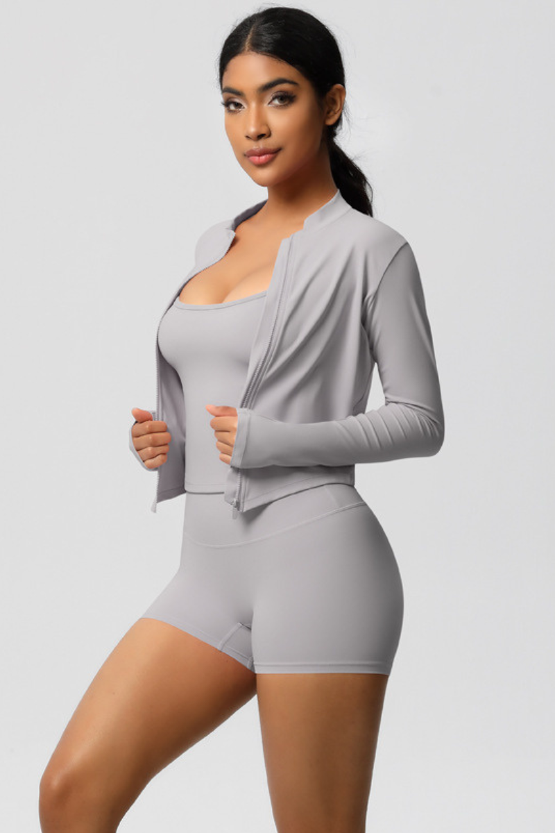 Women Tight Yoga Set:Brushed Sports Bra+ Zip Jacket + Shorts