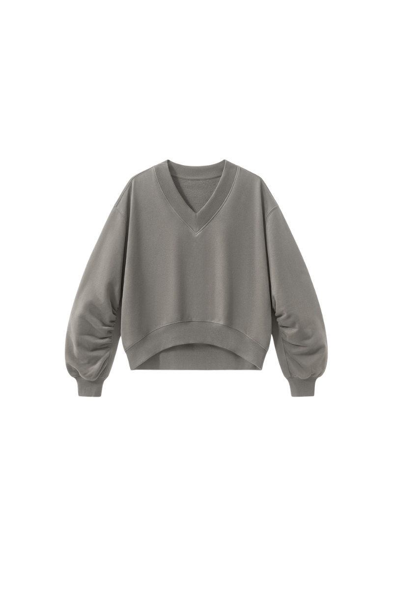 Women's Fall Boxy V Neck Drop Shoulder Rib Cuffs Sweatshirt