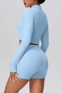 Women's Two Piece Set:Stand Collar Cropped Jacket And Shorts