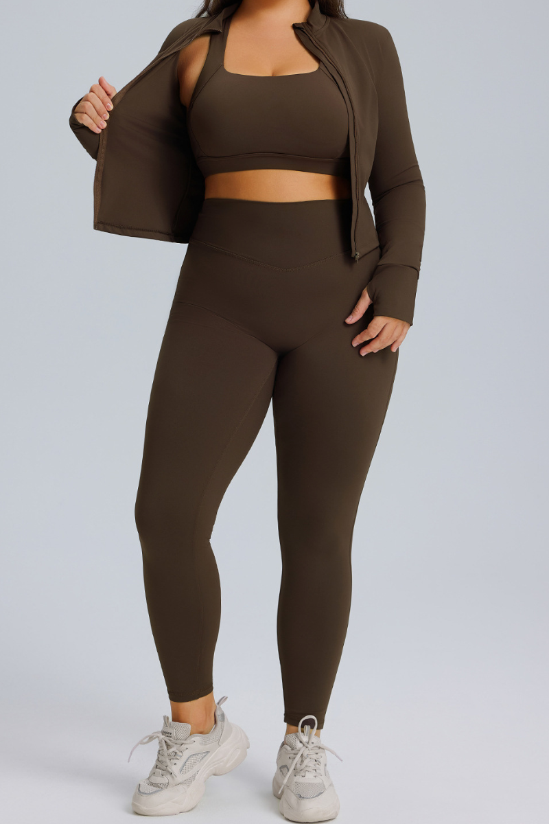 Women's Set:Cros Back Bra & Stan Collar Jackt & Leggings