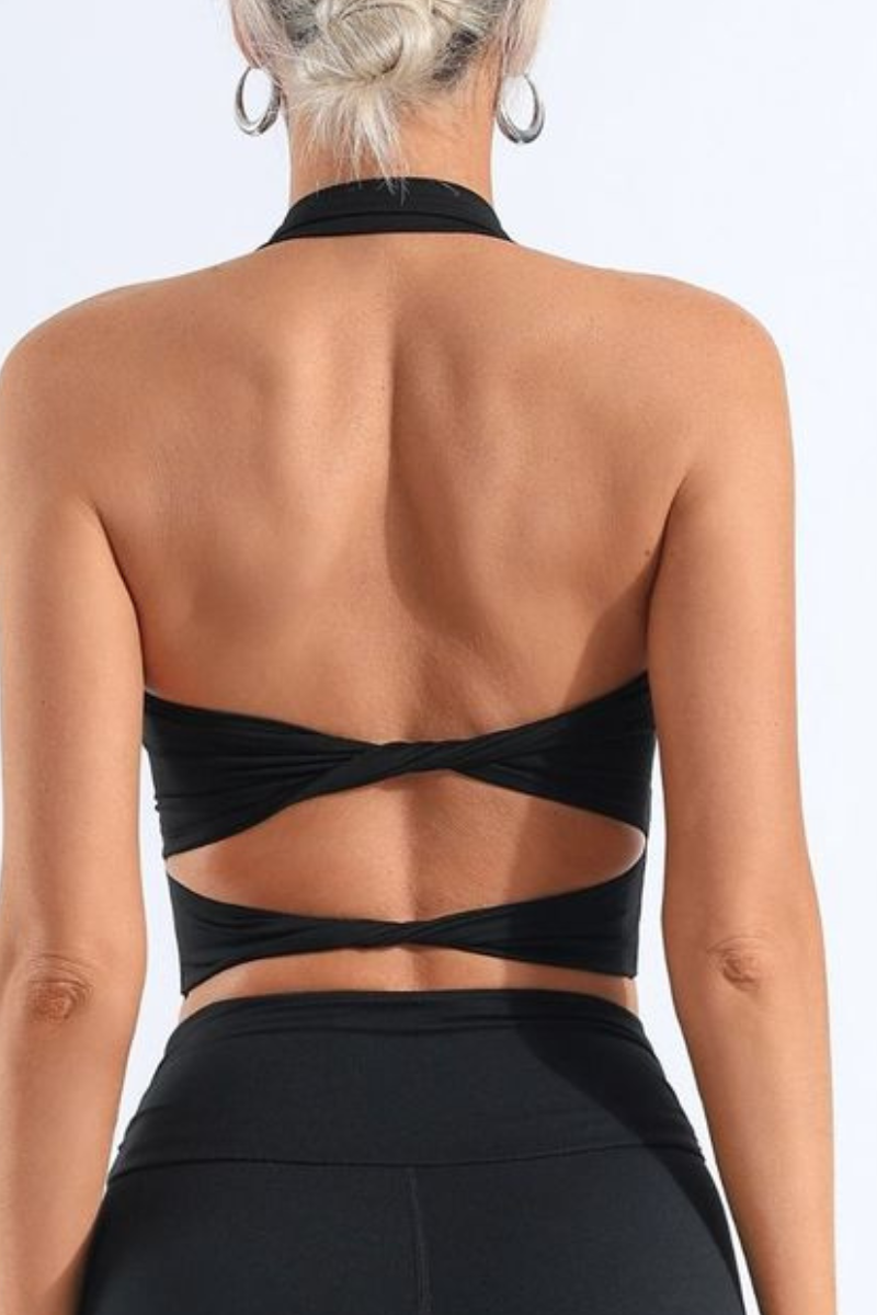 Women's Halter Neck Pleated Twist Back Padded Sports Bra