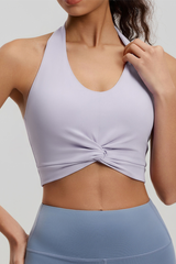 Women's Twist‑Front Halterneck Padded Cropped Sport Tank Top