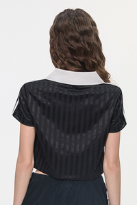 Women’s Cropped Color Block Striped Polo V-Neck  T-Shirt