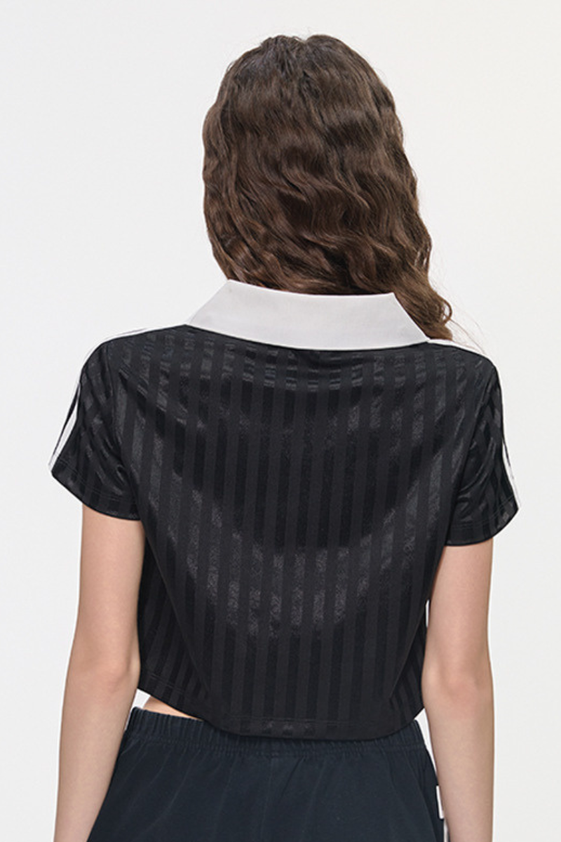 Women’s Cropped Color Block Striped Polo V-Neck  T-Shirt