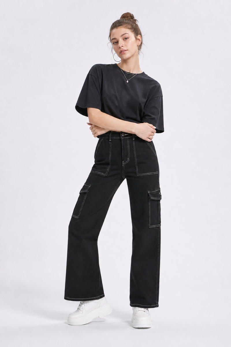 Women's High Waist Multi-Pocket Wide Leg Cargo Jeans