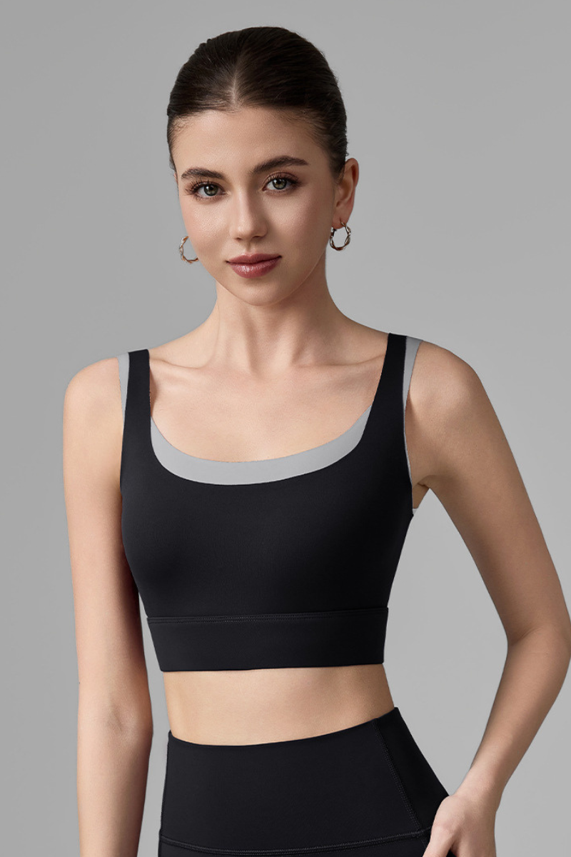 Women's Wide Strap Color-Block Faux Two-Piece Sports Bra