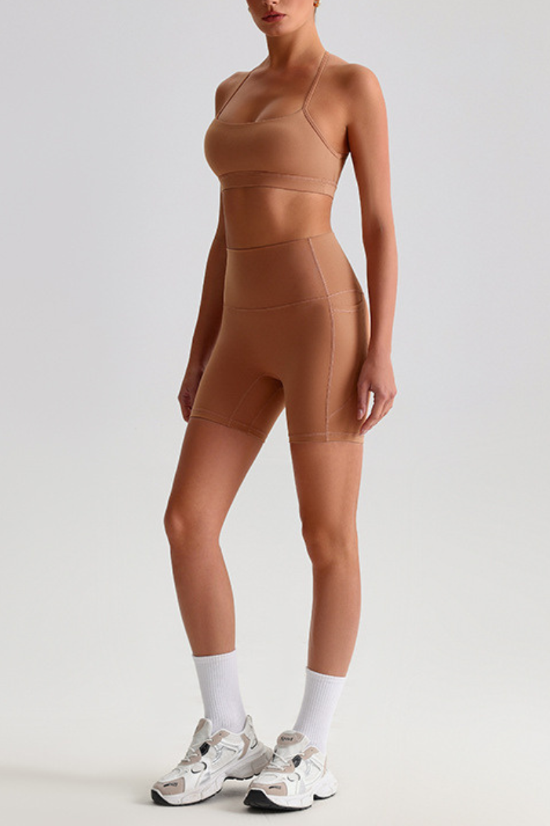 Women's Bare Feel Cross Back Bra & Side Pocket Shorts Set