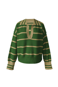 Women's Contrast Stripe Collared V Neck Knit Sweater