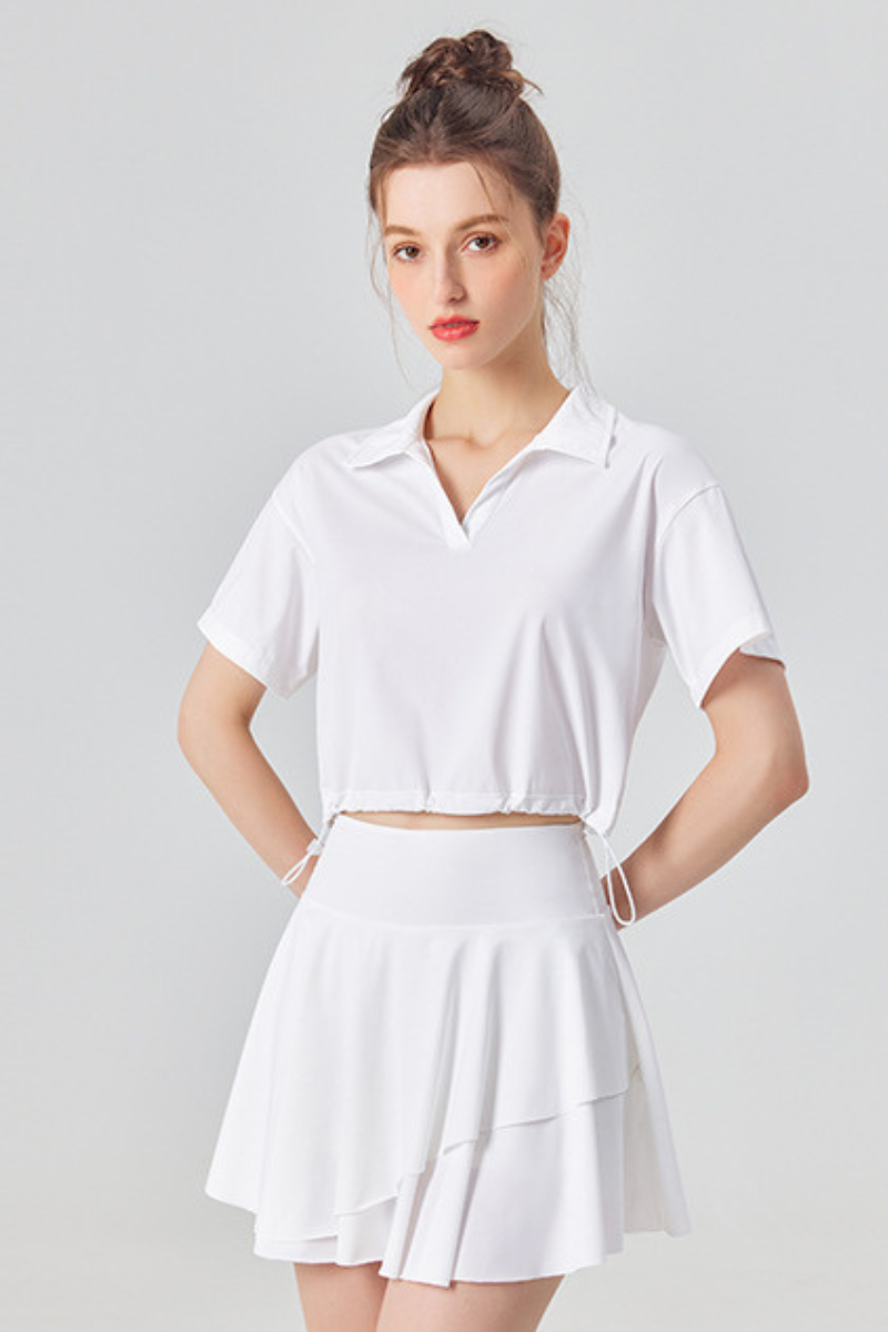 Women's Tennis Sets:Polo Collar Cropped Tee & Skirt